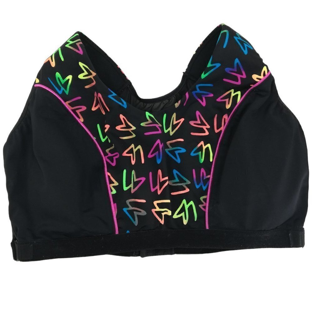 Cacique Sports Bra Racer Back Black Neon Size 42DD High Impact Thick Strap Pink